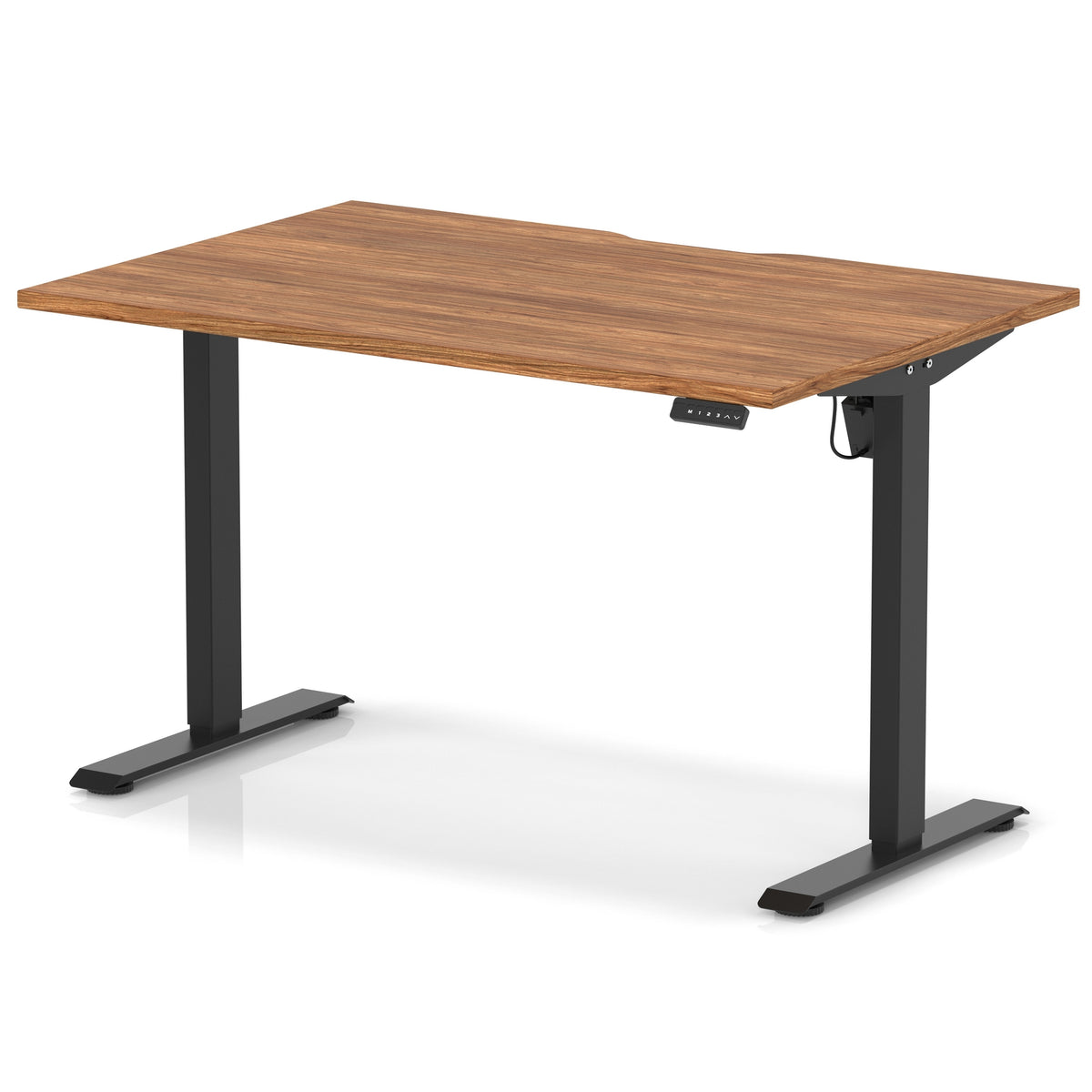 Height adjustable desk with wood-effect top and black frame on a white background