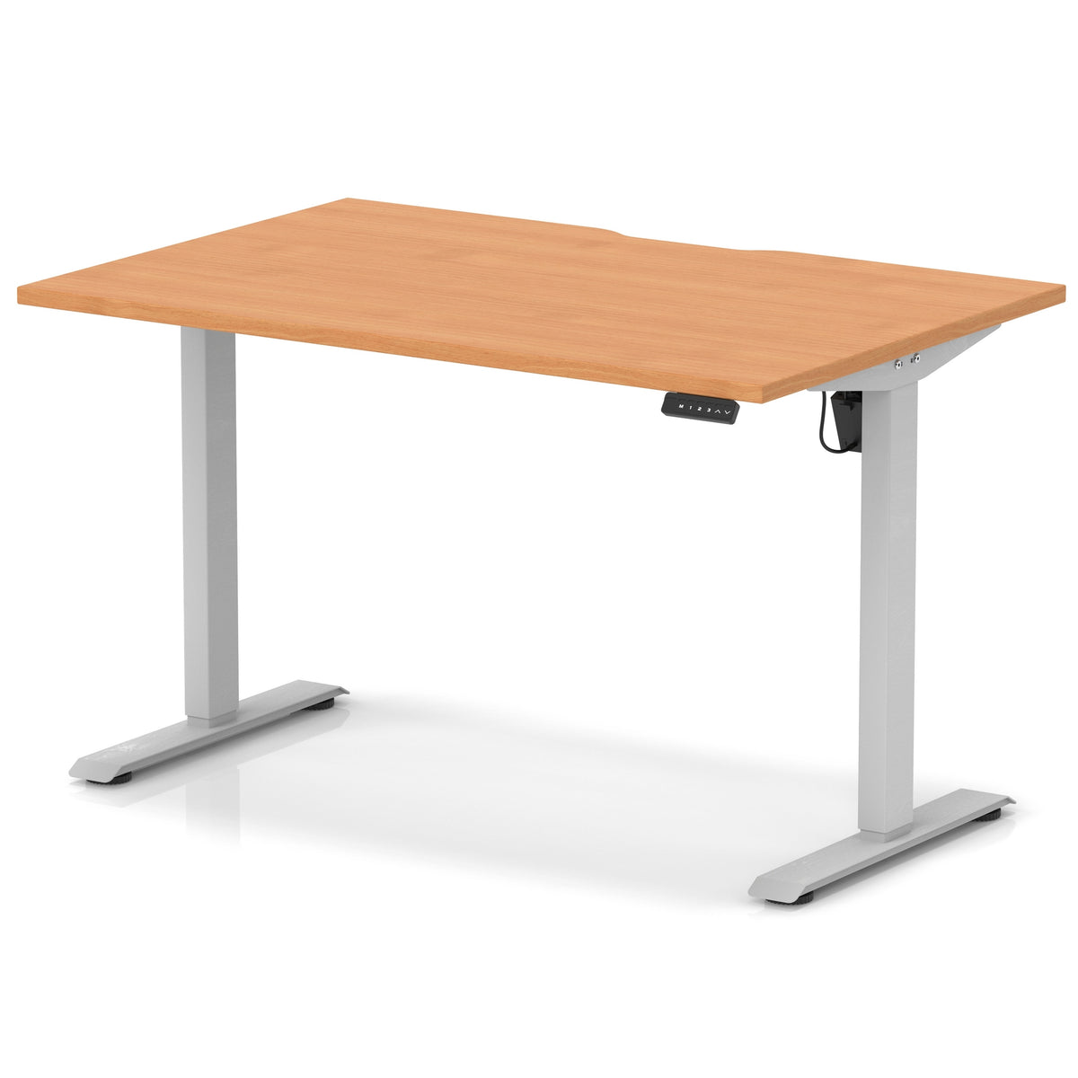 Height adjustable desk with wood-effect top and silver frame on a white background