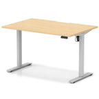 Height adjustable desk with wood-effect top and silver frame on a white background