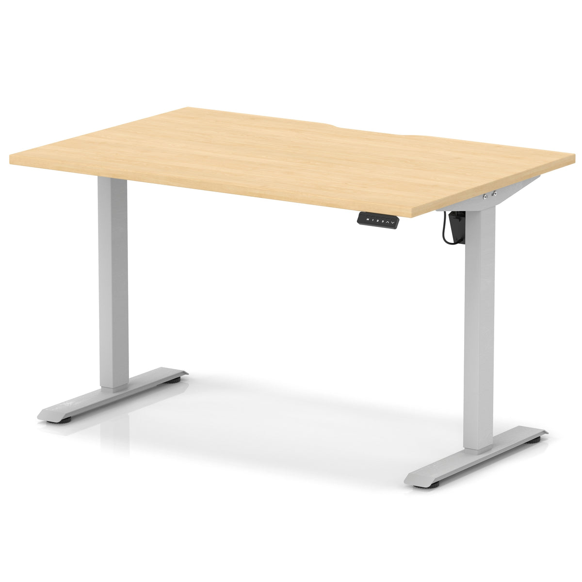 Height adjustable desk with wood-effect top and silver frame on a white background
