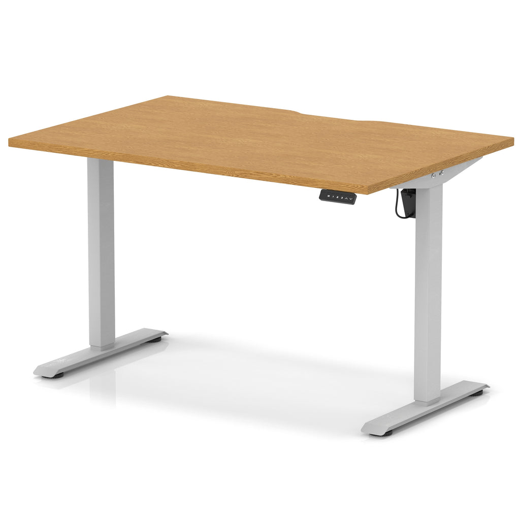 Height adjustable desk with wood-effect top and silver frame on a white background