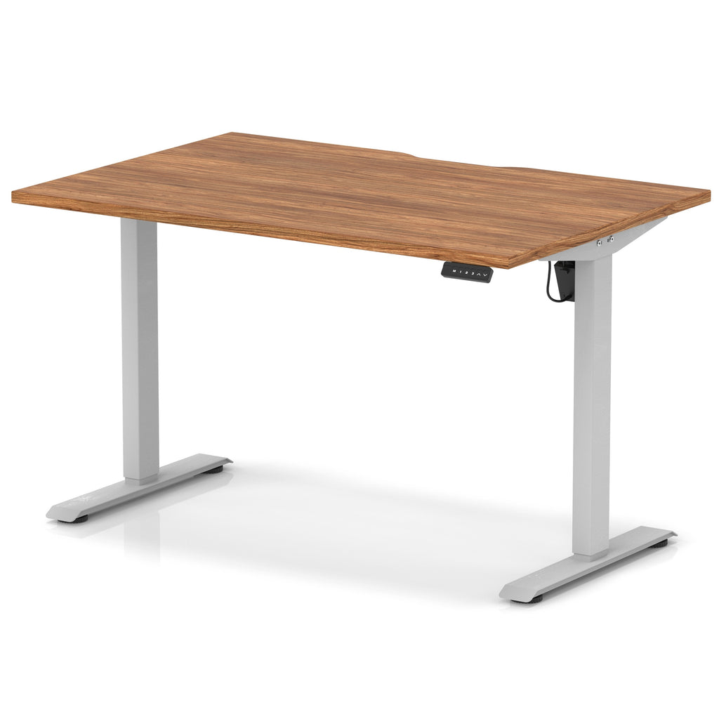 Height adjustable desk with wood-effect top and silver frame on a white background