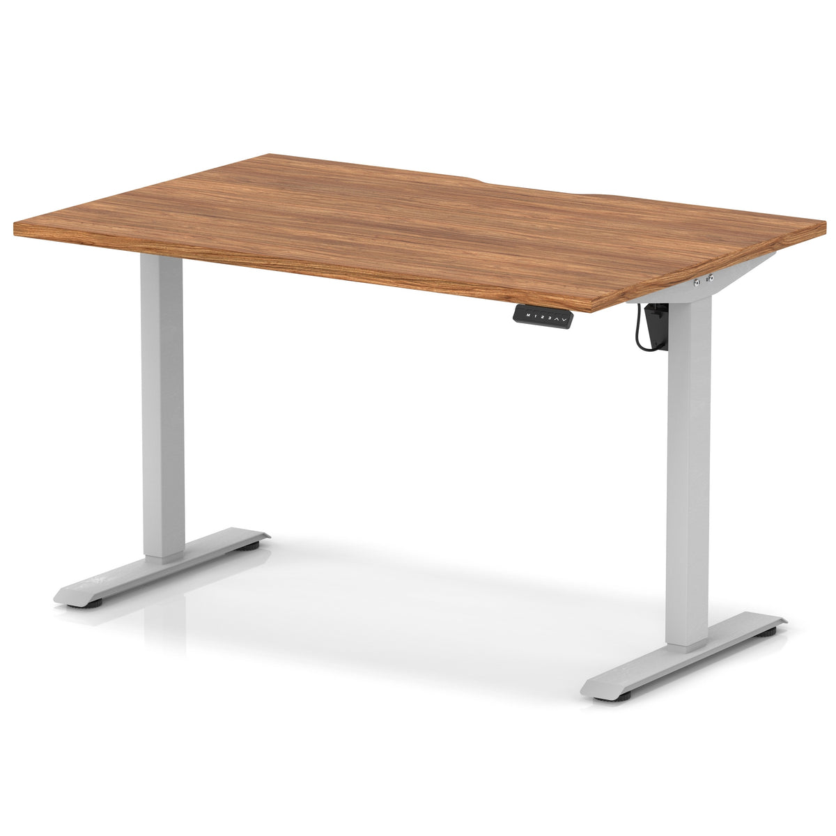 Height adjustable desk with wood-effect top and silver frame on a white background