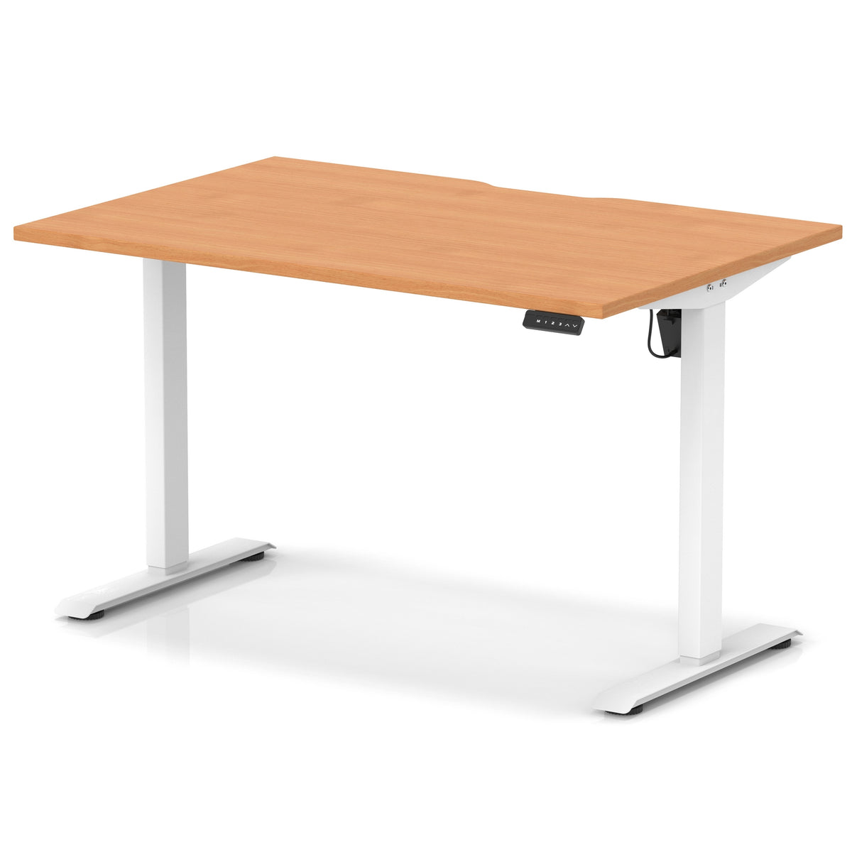 Height adjustable desk with wood-effect top and white frame on a white background