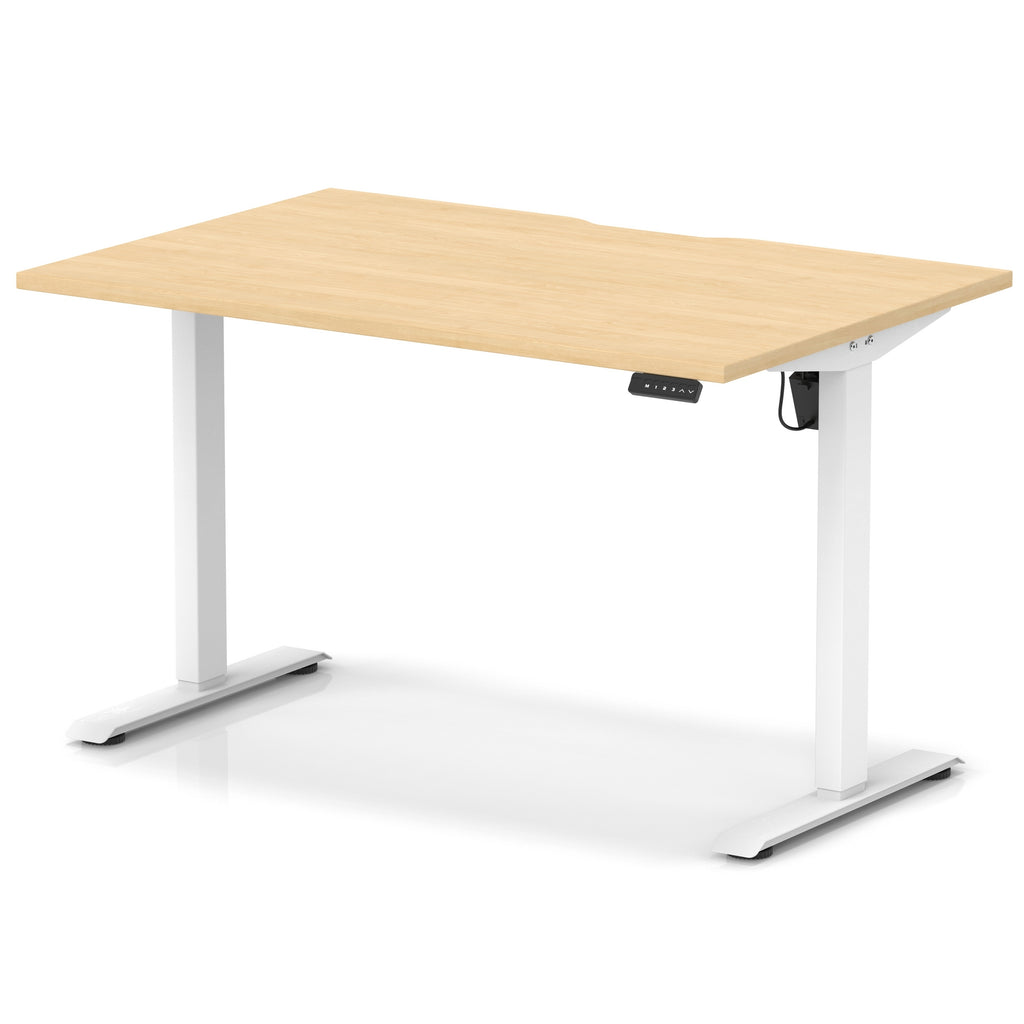 Height adjustable desk with wood-effect top and white frame on a white background
