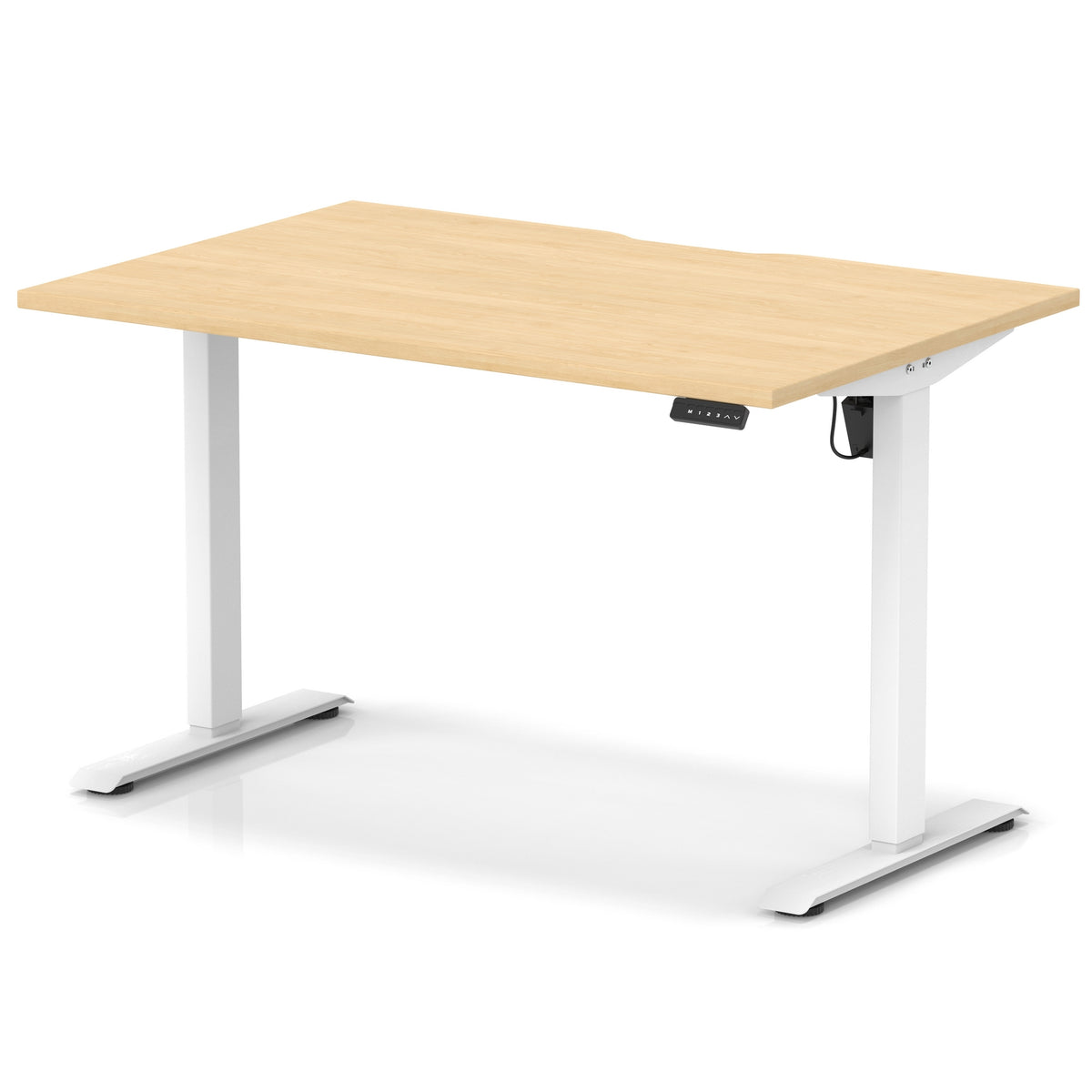 Height adjustable desk with wood-effect top and white frame on a white background