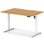 Height adjustable desk with wood-effect top and white frame on a white background