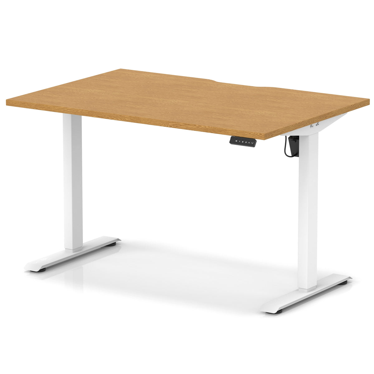 Height adjustable desk with wood-effect top and white frame on a white background