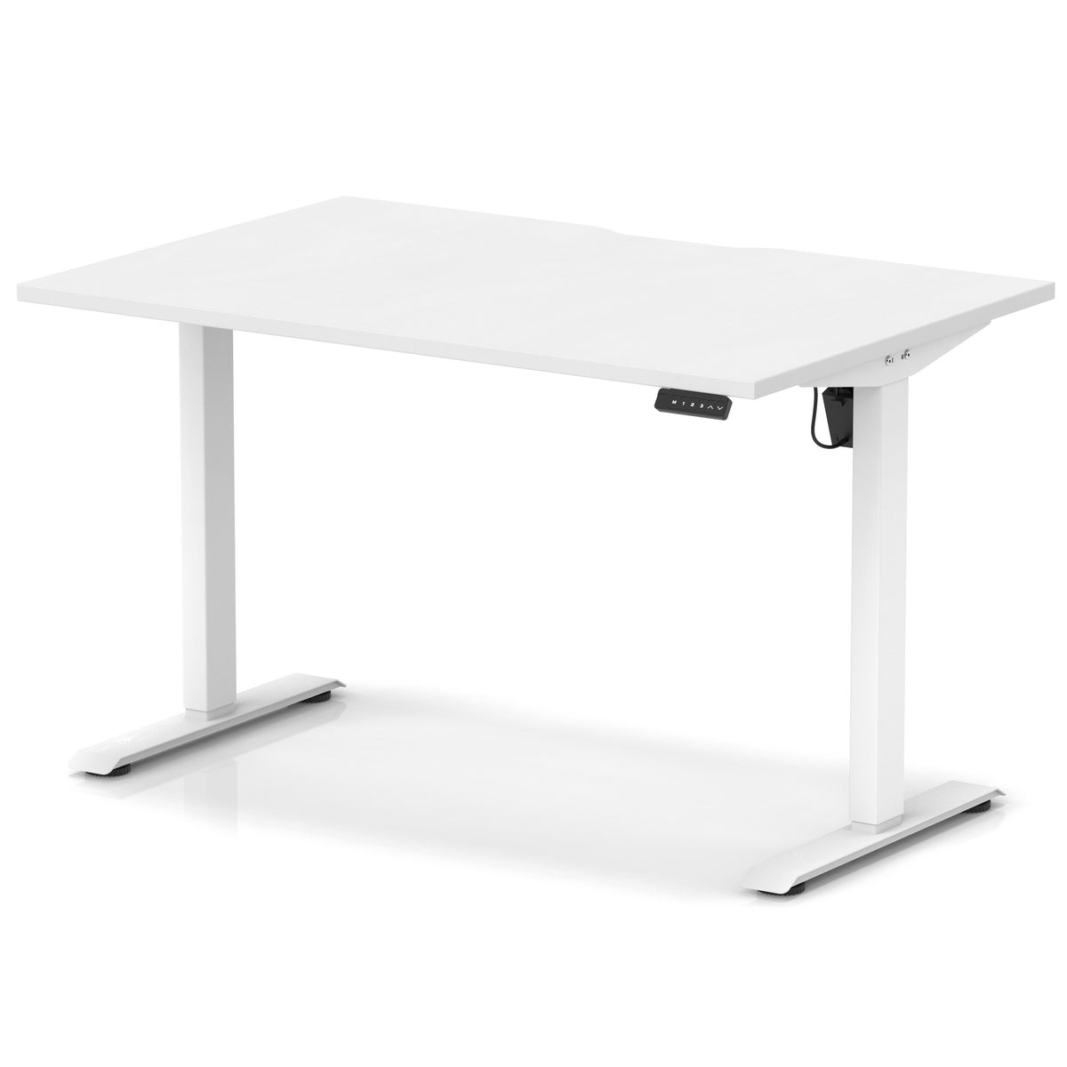 Height adjustable white desk with metal frame on a white background