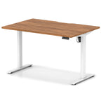 Height adjustable desk with wood-effect top and white frame on a white background