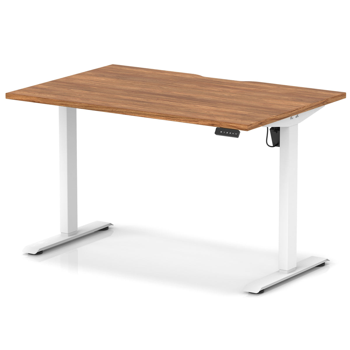 Height adjustable desk with wood-effect top and white frame on a white background