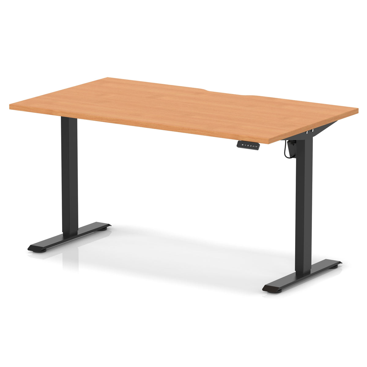 Height adjustable desk with wood-effect top and black frame on a white background