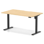 Height adjustable desk with wood-effect top and black frame on a white background