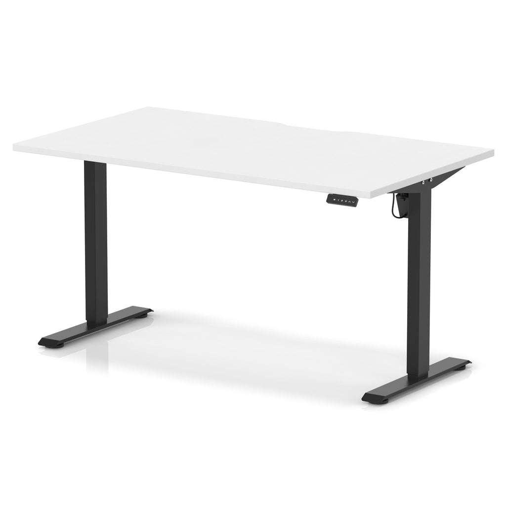 Height adjustable desk with white top and black frame on a white background