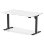 Height adjustable desk with white top and black frame on a white background