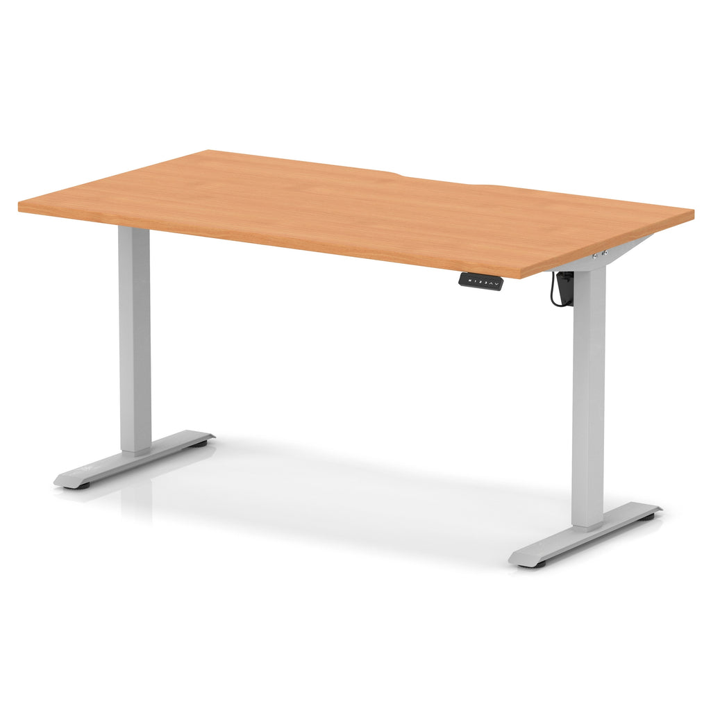 Height adjustable desk with wood-effect top and silver frame on a white background