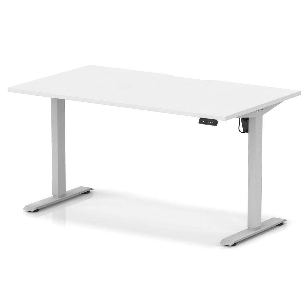 Height adjustable desk with white top and silver frame on a white background