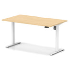 Height adjustable desk with wood-effect top and white frame on a white background