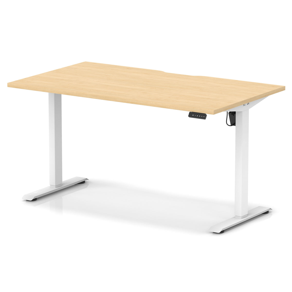 Height adjustable desk with wood-effect top and white frame on a white background