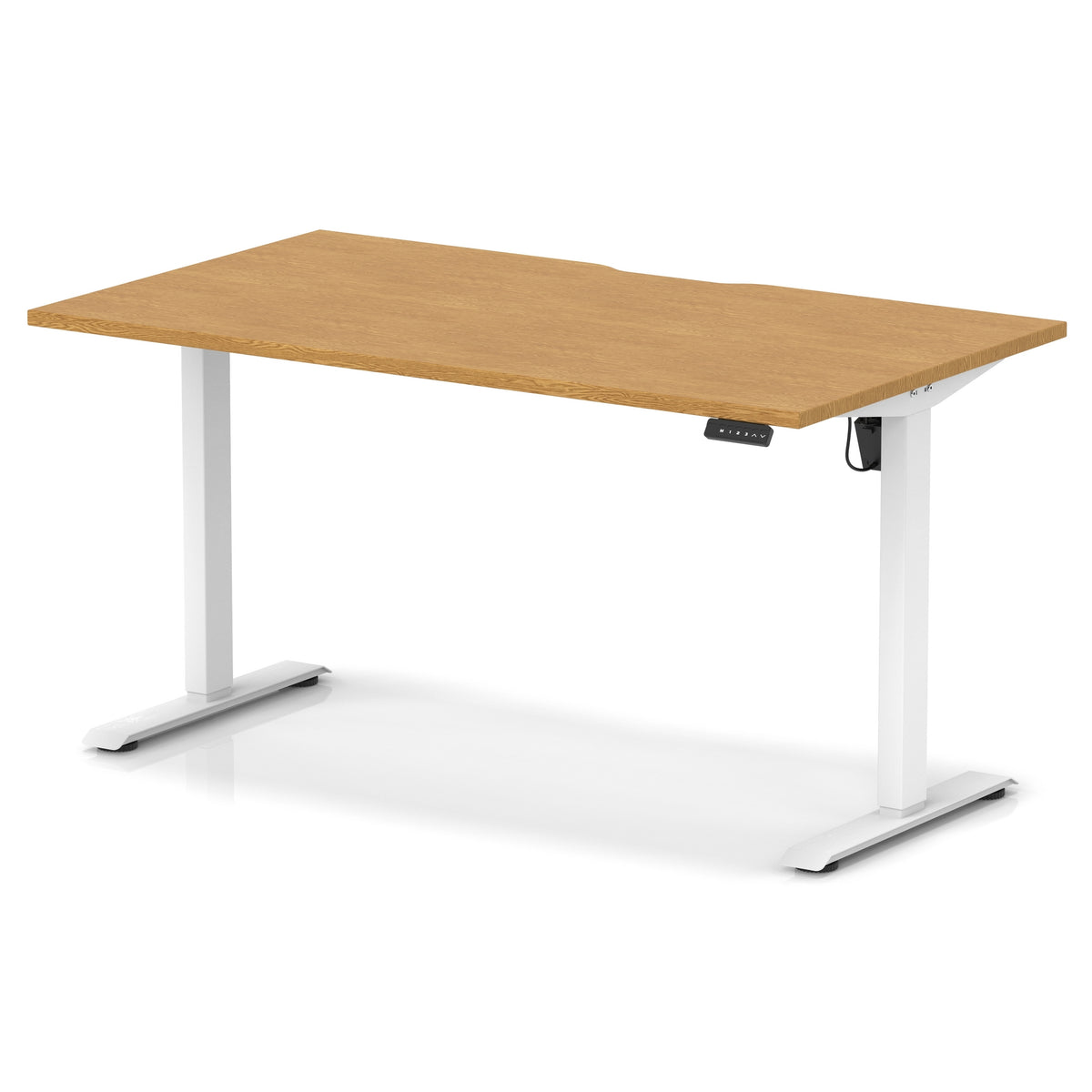 Height adjustable desk with wood-effect top and white frame on a white background