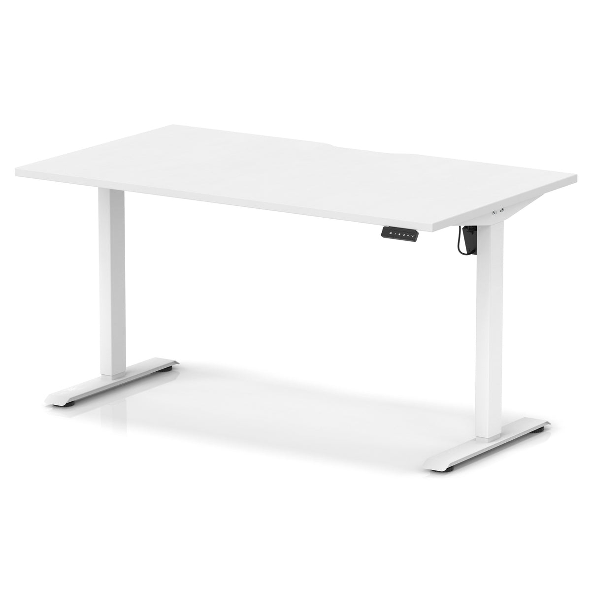 Height adjustable white desk with metal frame on a white background