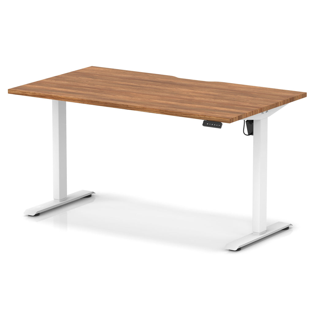 Height adjustable desk with wood-effect top and white frame on a white background