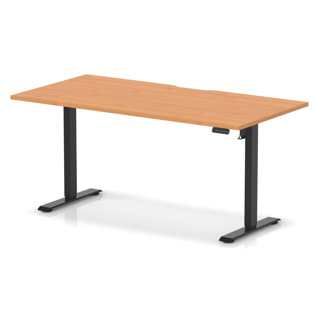 Height adjustable desk with wood-effect top and black frame on a white background