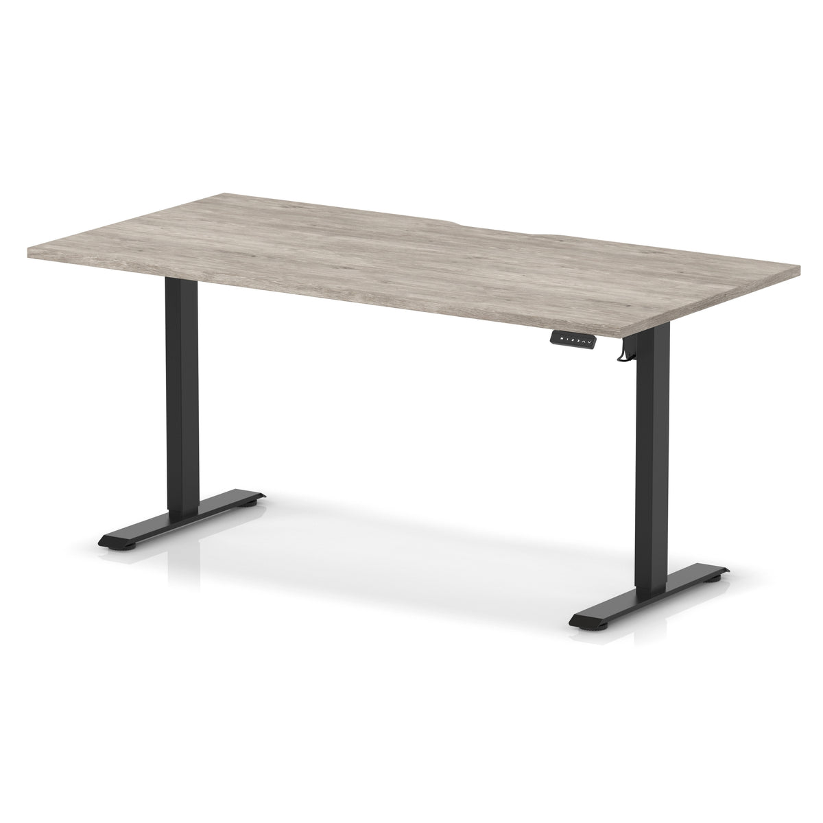 Height adjustable desk with grey wood-effect top and black frame on a white background