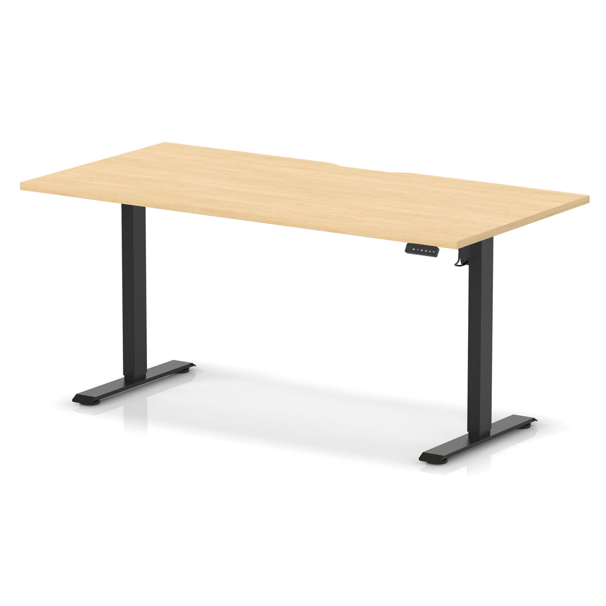 Height adjustable desk with wood-effect top and black frame on a white background
