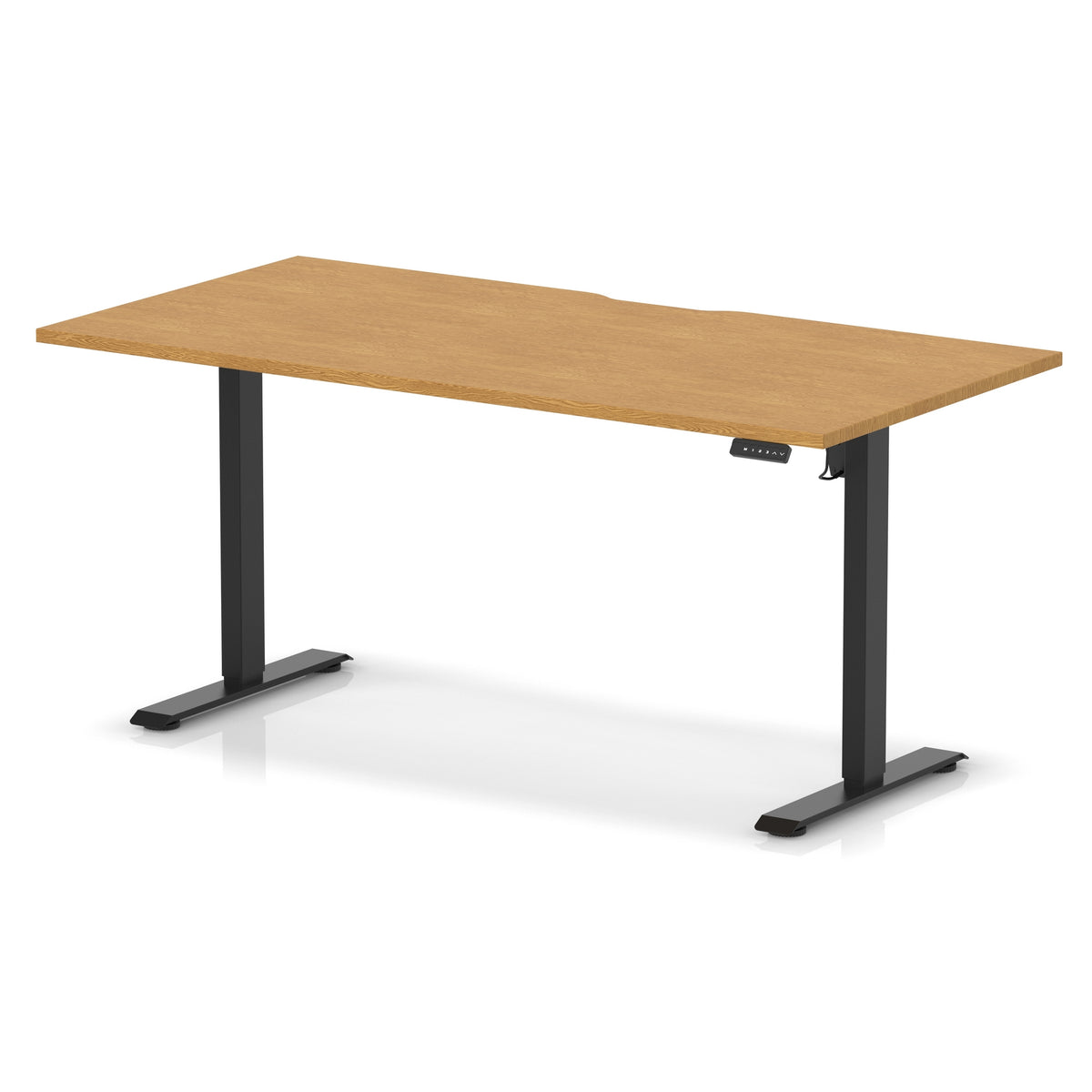 Height adjustable desk with wood-effect top and black frame on a white background