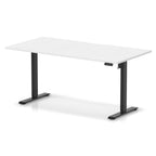 Height adjustable desk with white top and black frame on a white background