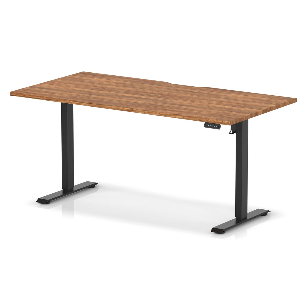 Height adjustable desk with wood-effect top and black frame on a white background