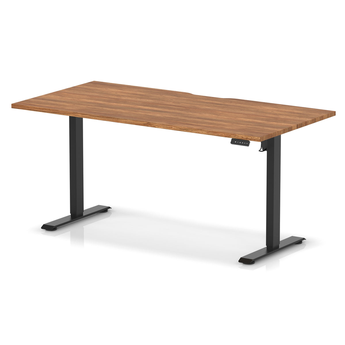 Height adjustable desk with wood-effect top and black frame on a white background