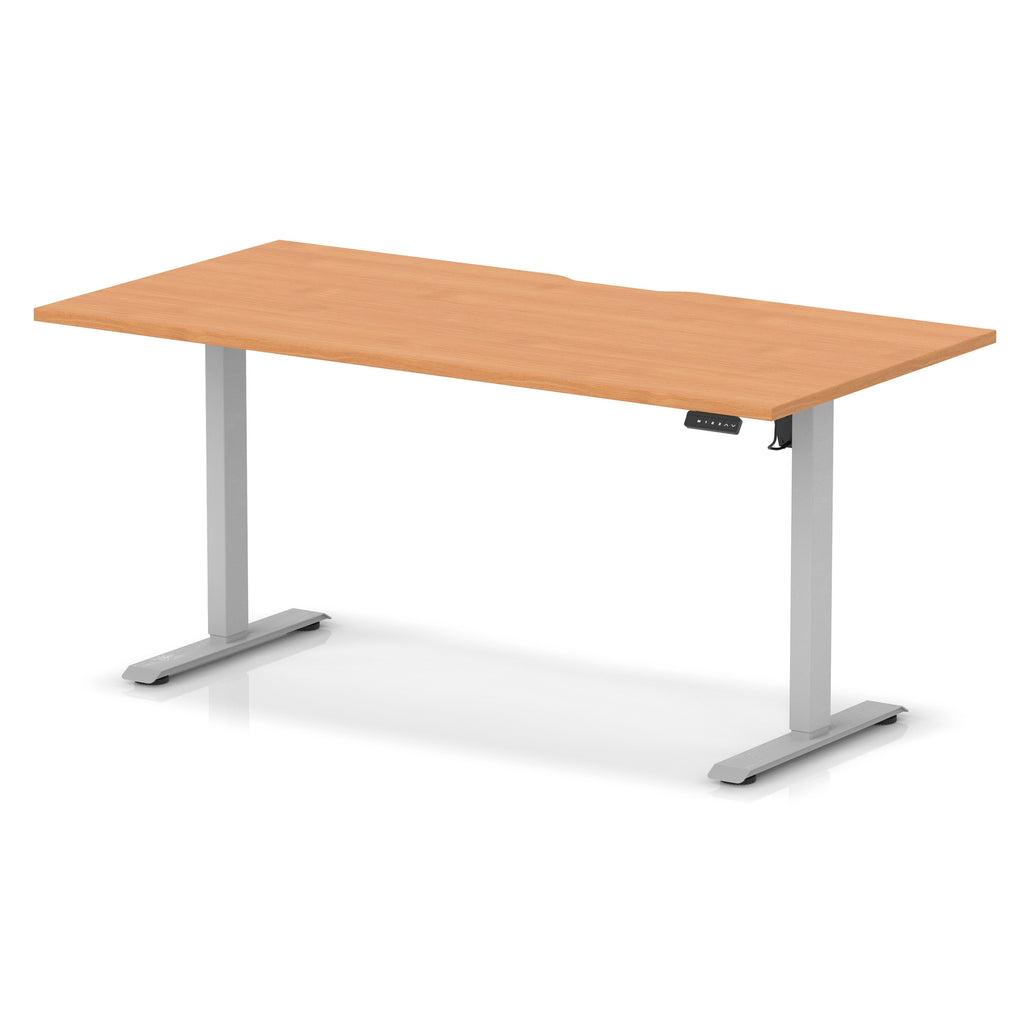 Height adjustable desk with wood-effect top and silver frame on a white background