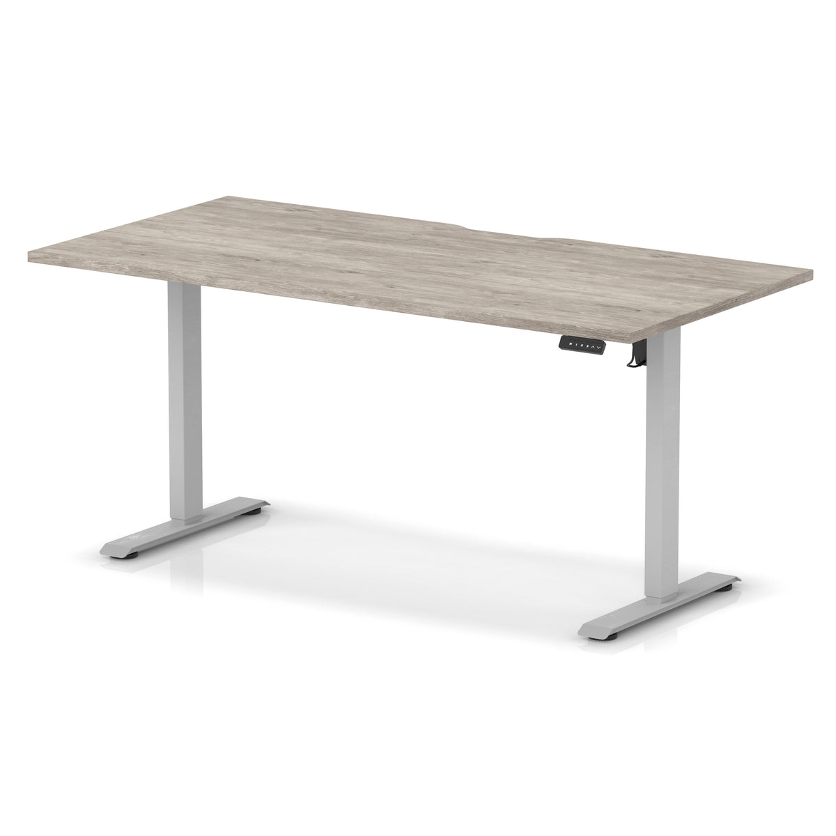 Height adjustable desk with grey wood-effect top and silver frame on a white background