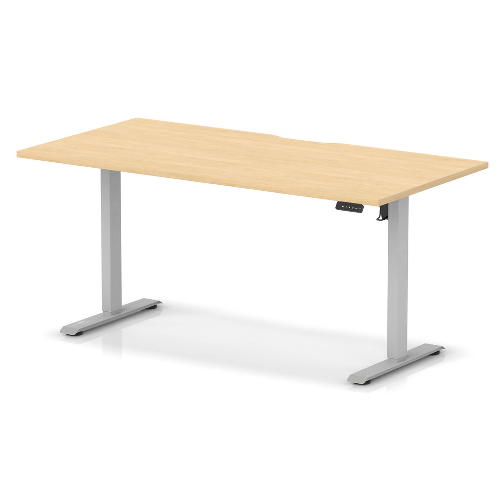 Height adjustable desk with wood-effect top and silver frame on a white background