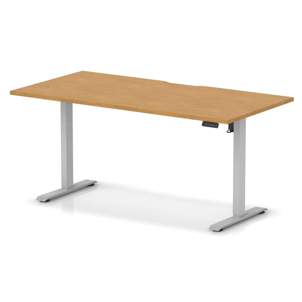 Height adjustable desk with wood-effect top and silver frame on a white background