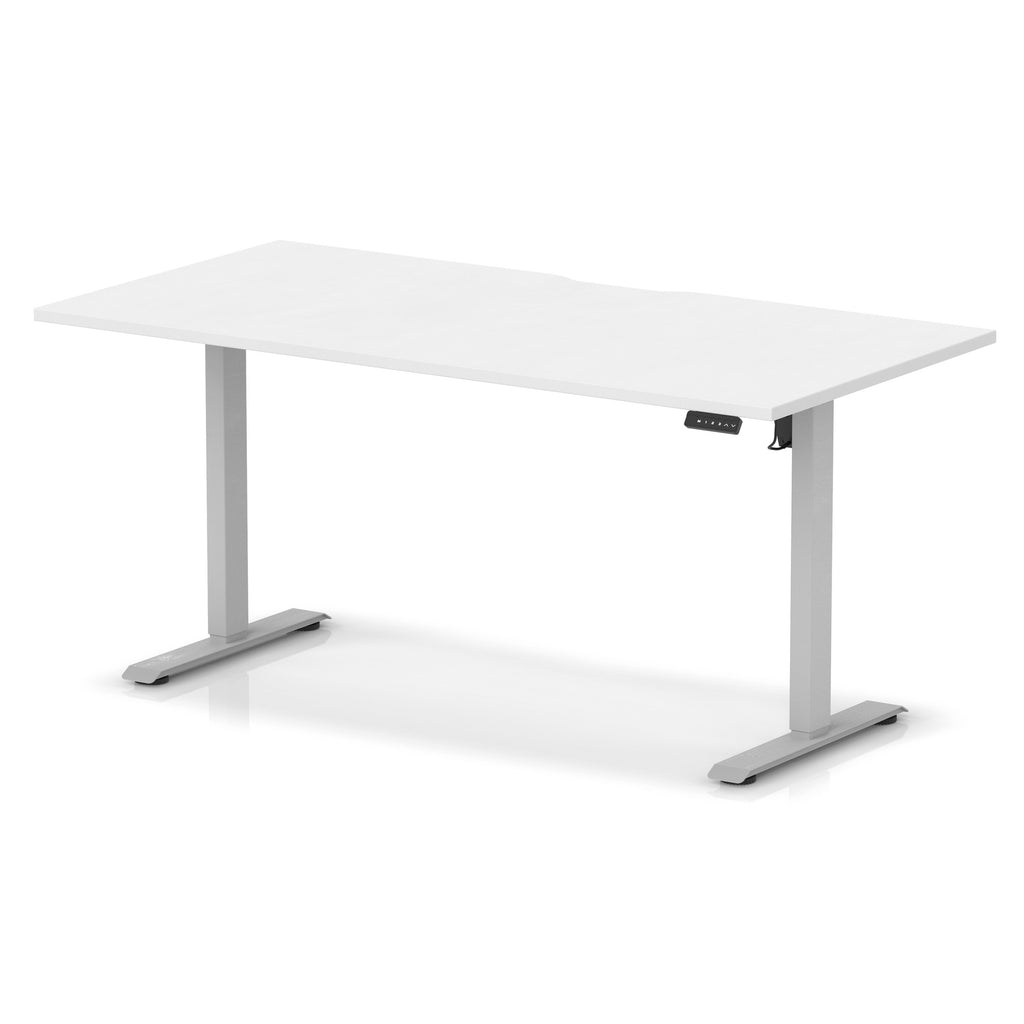 Height adjustable desk with white top and silver frame on a white background