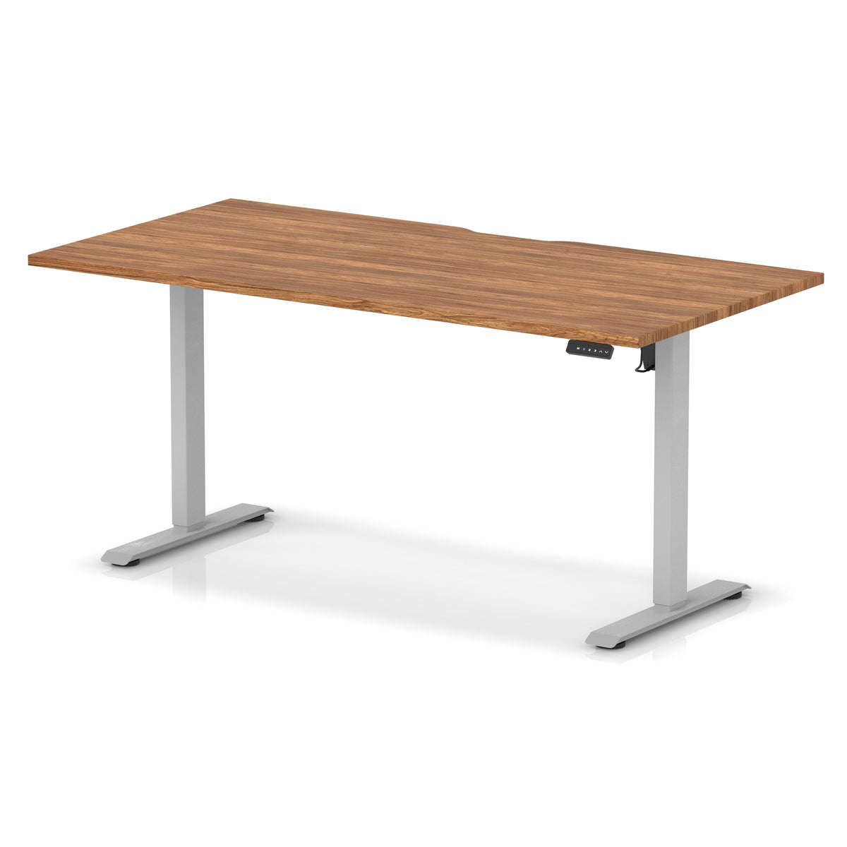 Height adjustable desk with wood-effect top and silver frame on a white background