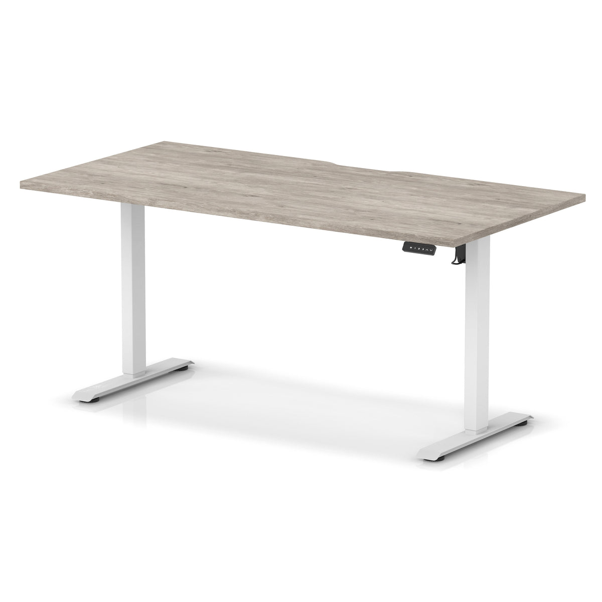 Height adjustable desk with grey wood-effect top and white frame on a white background
