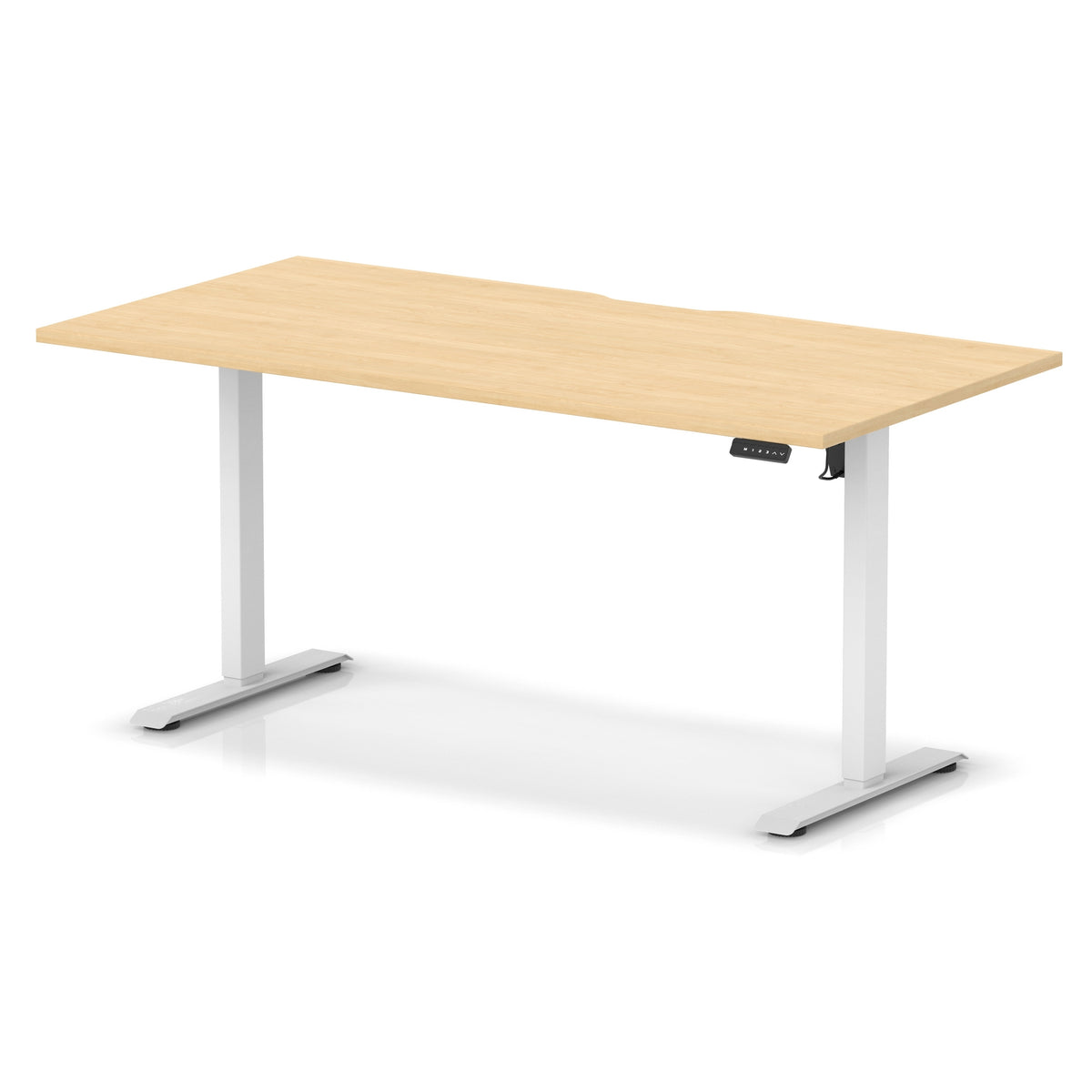 Height adjustable desk with wood-effect top and white frame on a white background