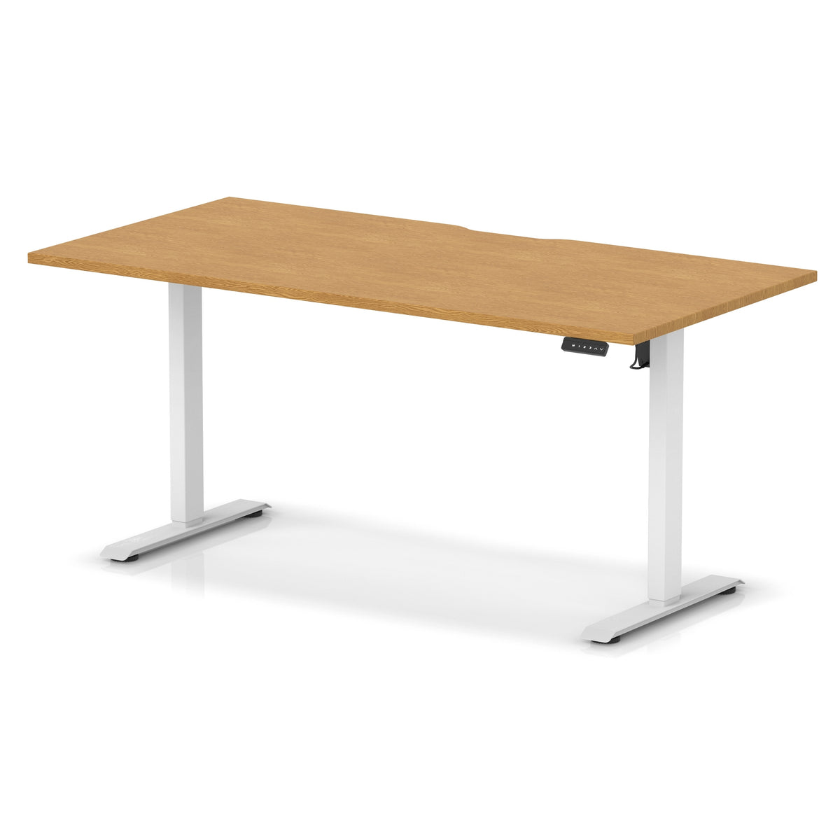 Height adjustable desk with wood-effect top and white frame on a white background
