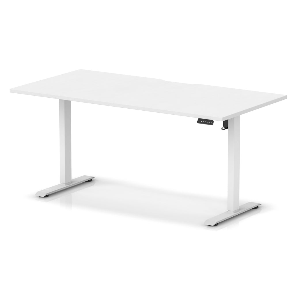 Height adjustable white desk with metal frame on a white background