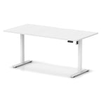 Height adjustable white desk with metal frame on a white background
