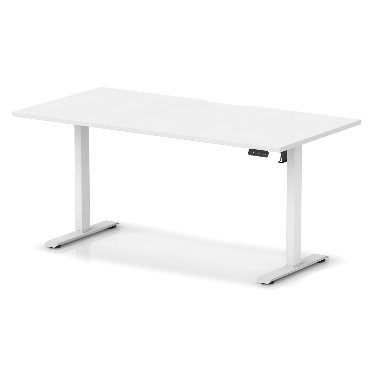 Height adjustable white desk with metal frame on a white background