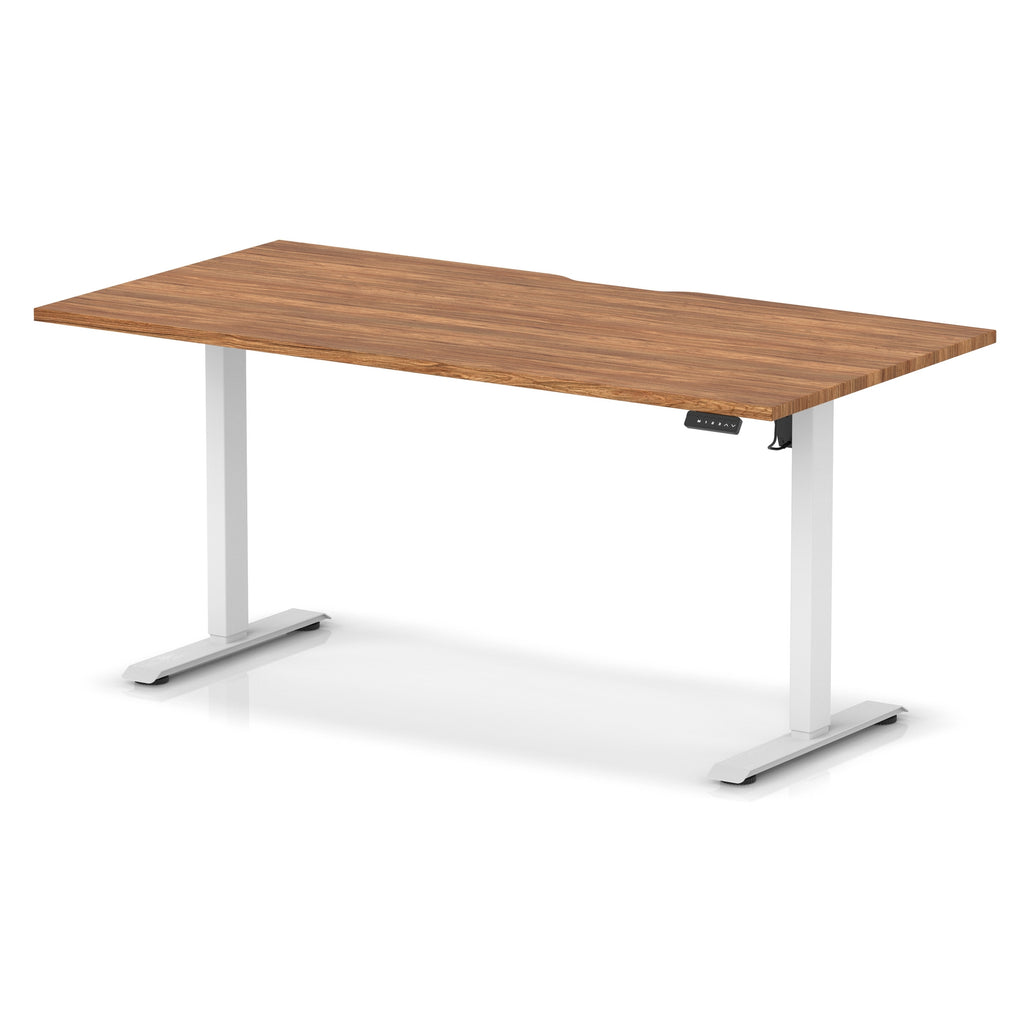 Height adjustable desk with wood-effect top and white frame on a white background
