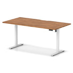 Height adjustable desk with wood-effect top and white frame on a white background