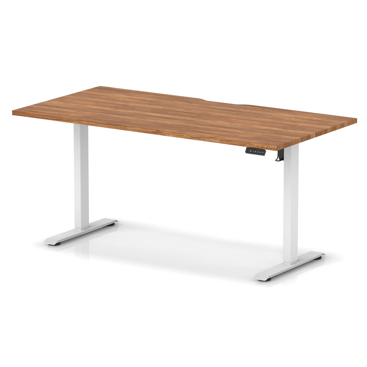 Height adjustable desk with wood-effect top and white frame on a white background