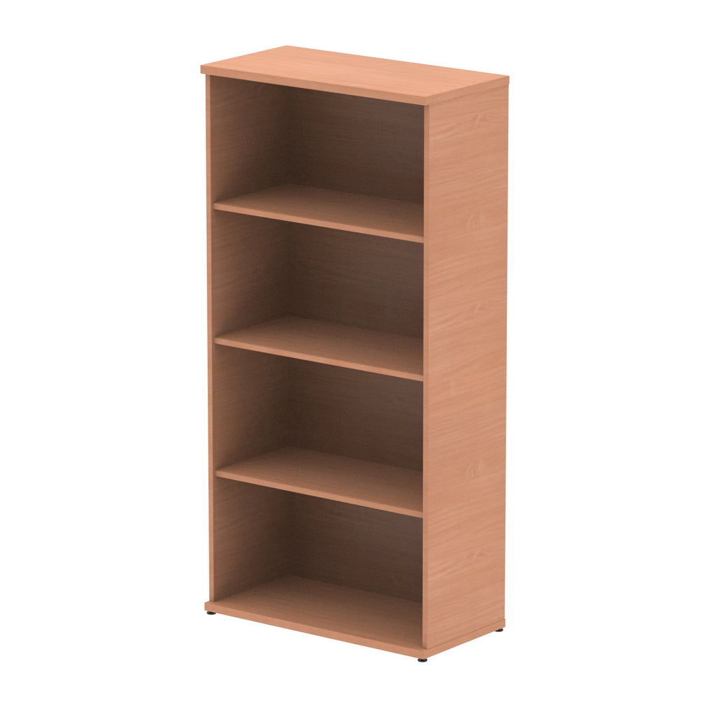 Wood-effect bookshelf with three shelves on a white background