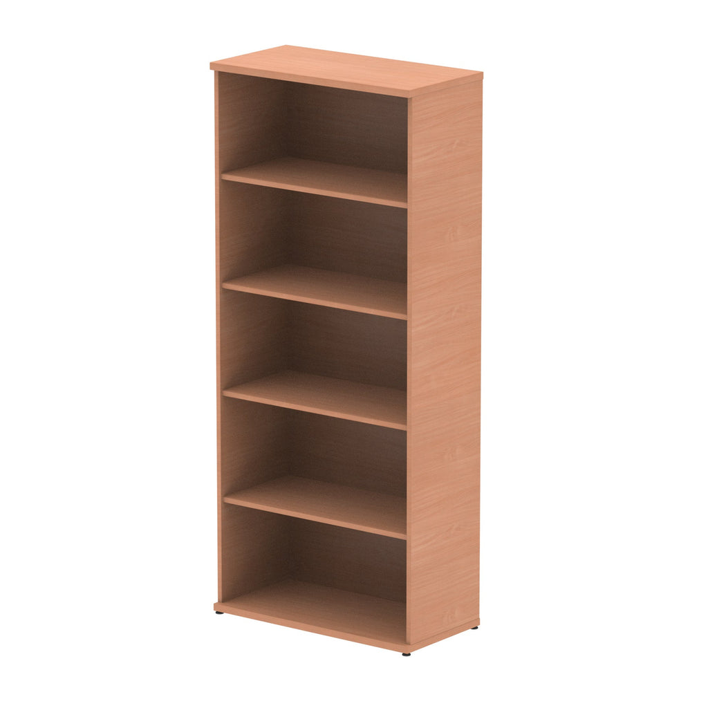 Wood-effect bookshelf with four shelves on a white background